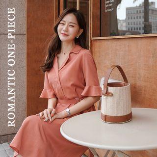 Half-placket Bell-cuff Midi Dress With Belt
