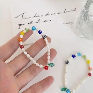 Flower Freshwater Pearl Bracelet 1 Piece - White & Blue & Green - One Size