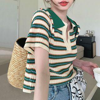 Short-sleeve Striped Ribbed Polo Knit Top Stripe - Green - One Size