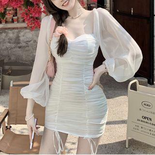 Puff-sleeve Drawstring Bodycon Dress
