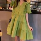 Frilled Trim Short-sleeve A-line Dress Avocado Green - One Size