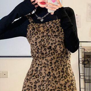Leopard Print Mini A-line Overall Dress