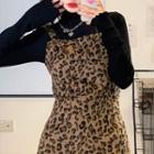 Leopard Print Mini A-line Overall Dress