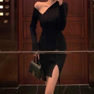 Asymmetrical Cold-shoulder Ribbed Knit Dress Black - One Size