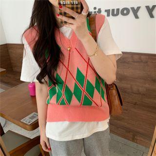 V-neck Argyle Knit Vest Vest - One Size