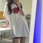 Flower Print Short-sleeve Oversize Top White - One Size