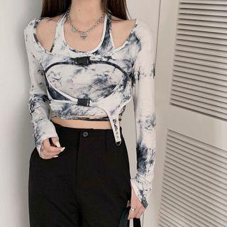 Set: Halter-neck Tank Top + Long-sleeve Buckled T-shirt