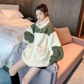 Stand-collar Color-block Zip Fleece Coat