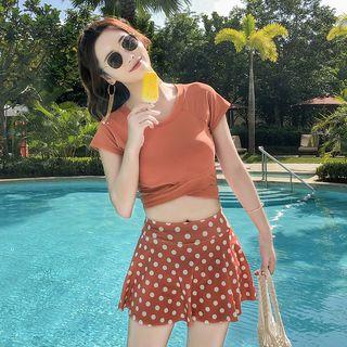 Set: Short-sleeve Cross-strap Swim Top + Dotted Swim Skirt