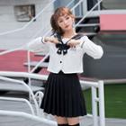 Set: Panda Embroidered Long-sleeve Top + Pleated Skirt