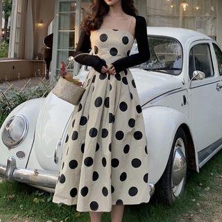 Dotted Spaghetti-strap A-line Midi Dress / Cropped Cardigan