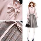 Set: Long-sleeve Blouse + Plaid A-line Skirt