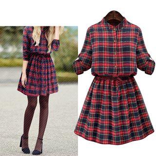 Plaid Elbow-sleeve A-line Shirt Dress