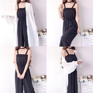 Spaghetti-strap Drawstring Jumpsuit / Long Light Jacket
