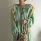 Lace-up Long-sleeve Midi Dress Green - One Size