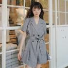 Elbow-sleeve Plaid Double-breasted Romper