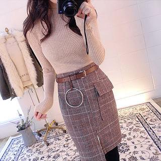 Set: Knit Top + Glen-plaid Asymmetric Skirt With Belt
