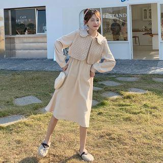 Long-sleeve Peter Pan Collar Button-up Midi A-line Dress + Quilted Vest