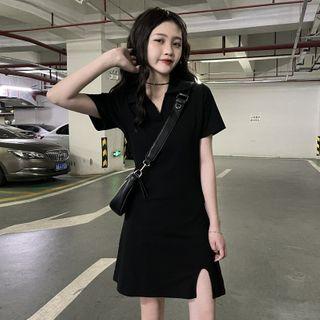 Polo-neck Split Dress Black - One Size