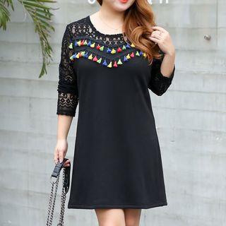 Tasseled Lace Panel Long Sleeve Dress