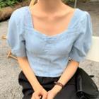 Puff-sleeve Denim Cropped Blouse Blue - One Size