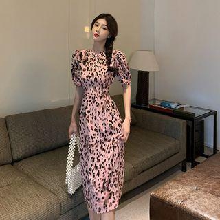 Leopard Print Puff-sleeve Midi A-line Dress