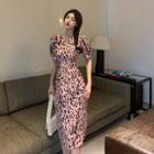 Leopard Print Puff-sleeve Midi A-line Dress