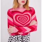 Mock-neck Heart Print Sweater Pink - One Size
