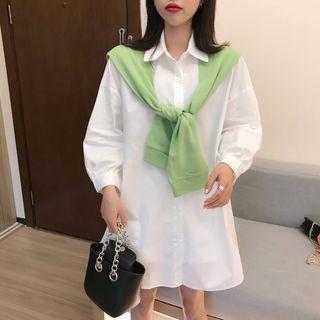 Plain Long-sleeve Loose-fit Shirt / Lettering Shawl