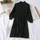 Mock-neck Slited Knit Dress Black - One Size