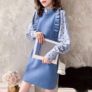Set: Dotted Blouse + Frill Trim Knit Pinafore Dress
