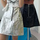 Zip-fly Crinkled Metallic Miniskirt