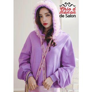 Lettering-drawcord Frill-trim Hoodie
