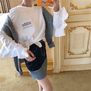 Lettering Long-sleeve Loose-fit T-shirt / Plain Shawl / Color-block Denim Skirt