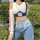 Set: Applique Cropped Tank Top + Striped Fingerless Gloves