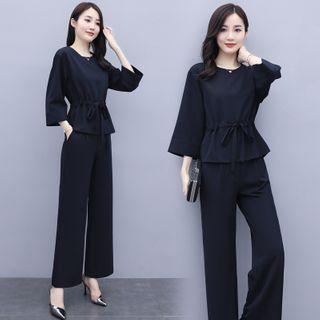 Set: 3/4-sleeve Drawstring-waist Blouse + Wide-leg Pants