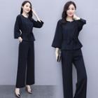 Set: 3/4-sleeve Drawstring-waist Blouse + Wide-leg Pants