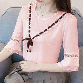 Elbow-sleeve Bow Chiffon Blouse