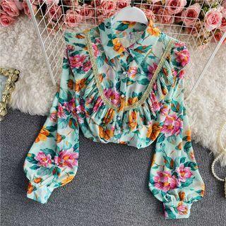 Long Sleeve Ruffled Floral Print Chiffon Shirt