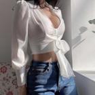 Long-sleeve Tied V-neck Crop Top
