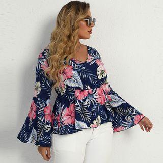 Plus-size Bell-sleeve Floral Print Peplum Blouse