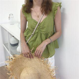 Lace-up Back Ruffle Trim Tank Top / Plain Shorts