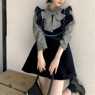 Bow-neck Floral Blouse / Ruffle Trim Mini A-line Overall Dress
