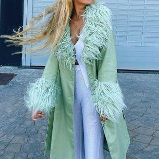 Faux Fur Trim Button Long Jacket