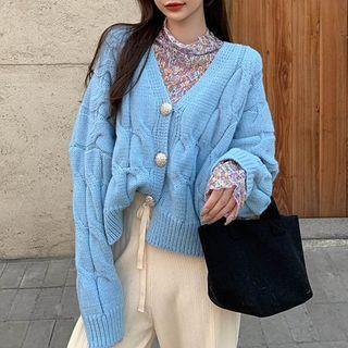 Long-sleeve Floral Print Lace Top / Cable Knit Cardigan