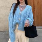 Long-sleeve Floral Print Lace Top / Cable Knit Cardigan