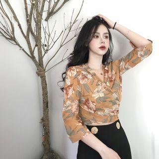 Elbow-sleeve Floral Chiffon Wrap Top As Shown In Figure - One Size