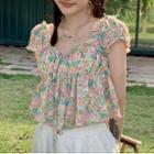 Short-sleeve Floral Cropped Blouse Pink & Yellow & Green - One Size