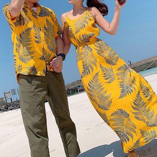 Couple Matching Spaghetti Strap Patterned Maxi Dress / Elbow-sleeve Shirt