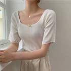Square Neck Plain Elbow Sleeve Knitted Top